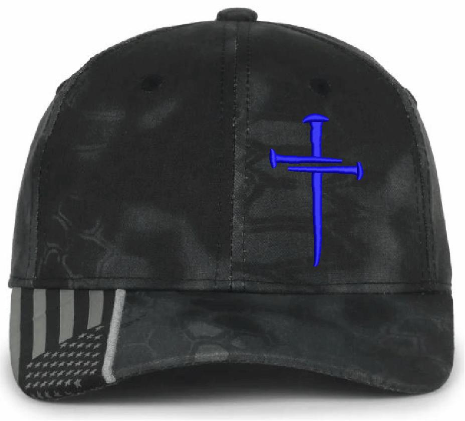 Christian Cross BLUE Sacred Nails Typhoon Adjustable hat with FREE CHALLENGE COIN
