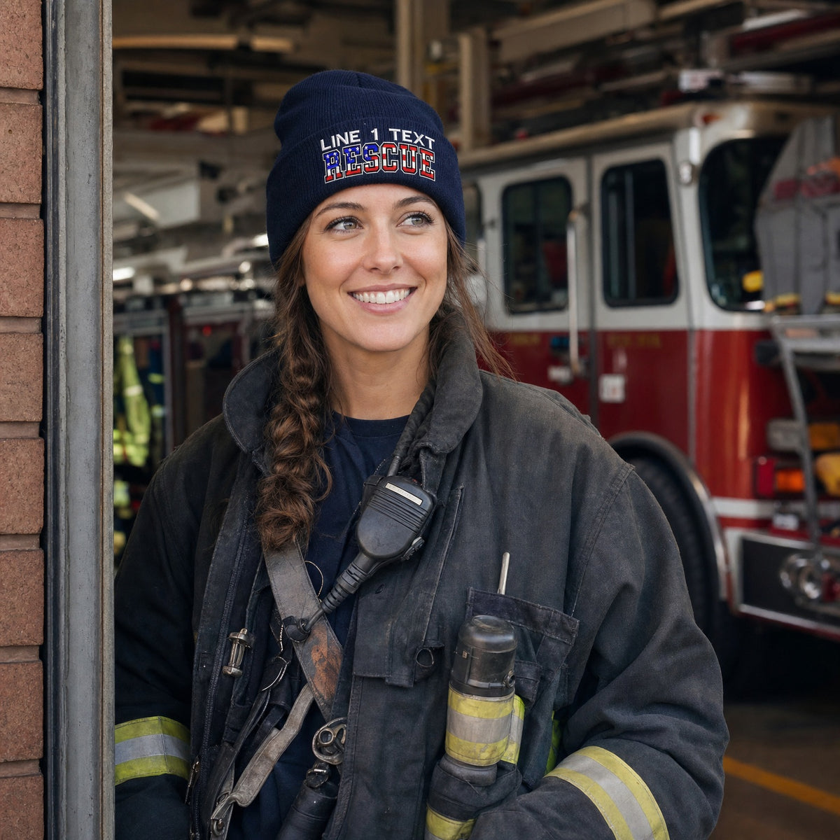 Custom Firefighter Winter Hat - USA RESCUE Style Embroidered Winter Hat female fire department product image