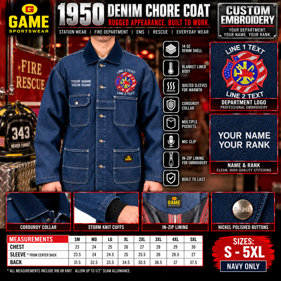 GAME Sportswear 1950 Denim Chore Coat – Custom Embroidered USA Maltese Design