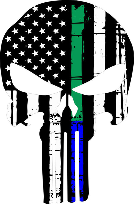 Thin Blue/Green Line Punisher USA Flag Window decal Various Sizes Free Shipping - Powercall Sirens LLC