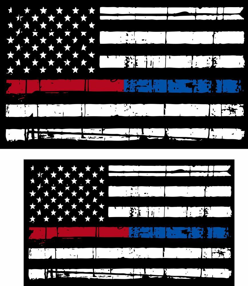 Tattered Police & Fire Thin Blue/Red Line Decal 4.25" x 2.55" and one 3" x 5" - Powercall Sirens LLC