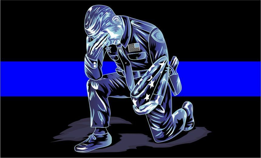 Thin Blue Line Decal - Reverse Flag Kneeling Police officer Down Reflective - Powercall Sirens LLC