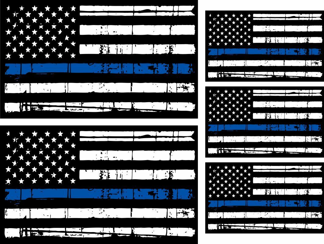 Tattered Police Thin Blue Line reflective USA Flag Decal 5 Pack (2) 3x5 (3) 3.18 - Powercall Sirens LLC