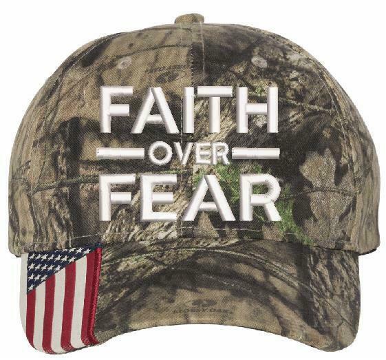 Faith Over Fear Embroidered CWF305 Mossy/Edge Adjustable Hat with Flag Brim - Powercall Sirens LLC