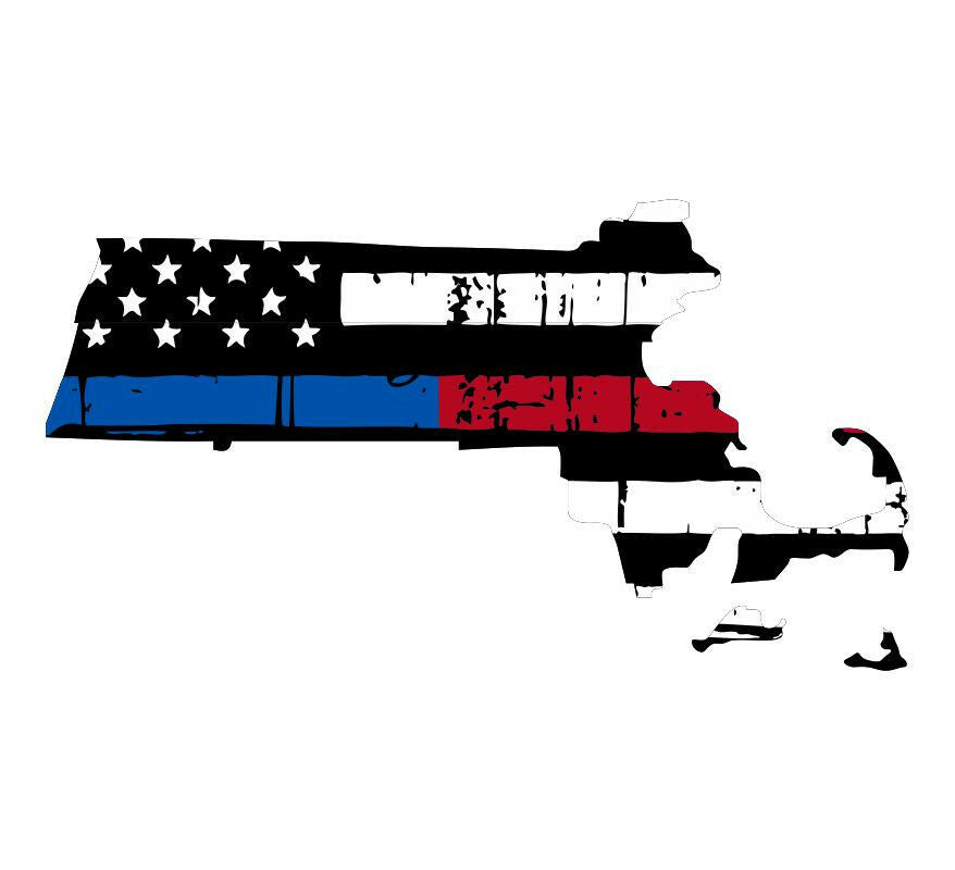 Thin Blue Red line decal - State of Massachusetts Tattered Flag Decal - Powercall Sirens LLC