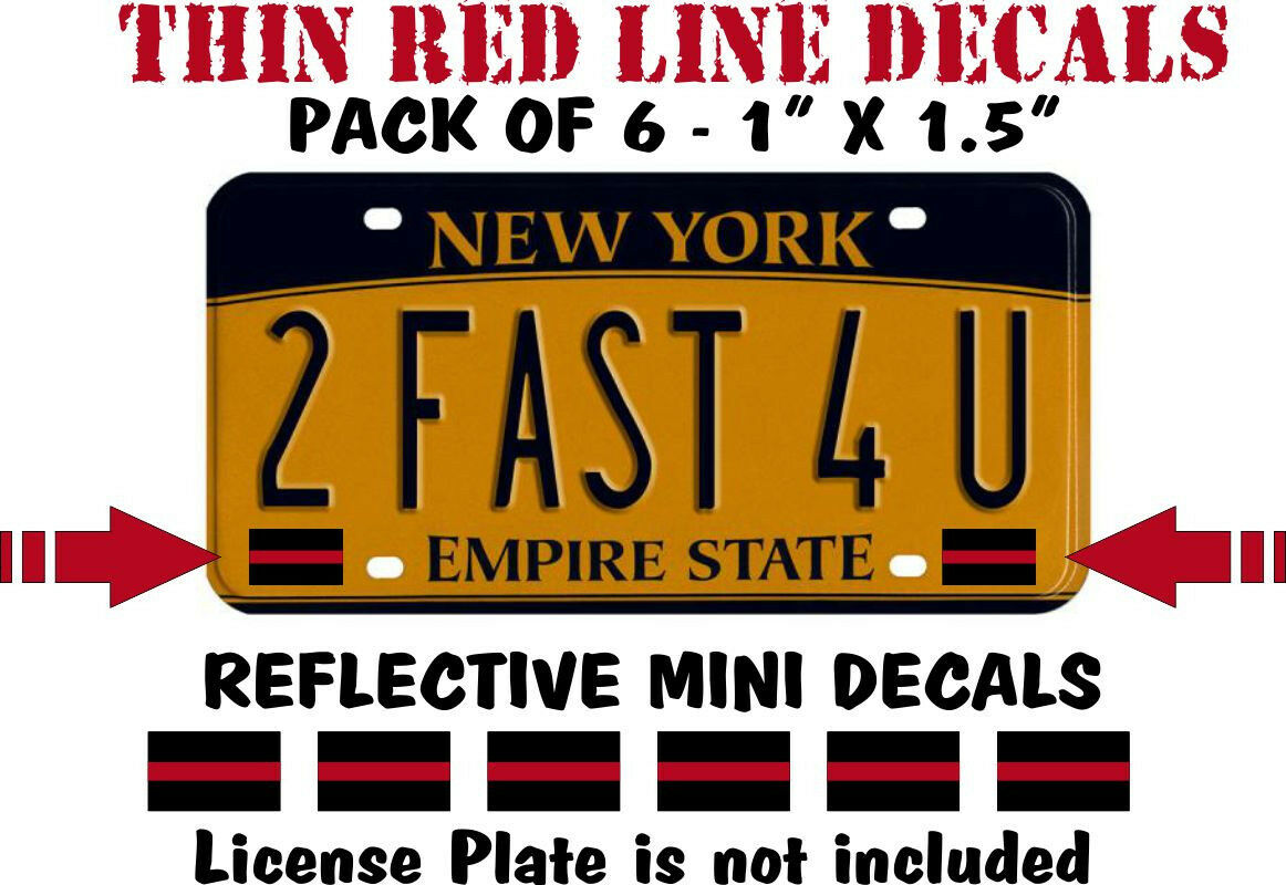 THIN RED LINE PACK OF 6 LICENSE PLATE REFLECTIVE DECALS - 1" x 1.6" Mini Decals - Powercall Sirens LLC