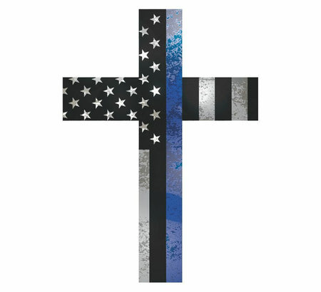 Thin Blue Line Distressed Police Christian Cross Decal - Powercall Sirens LLC