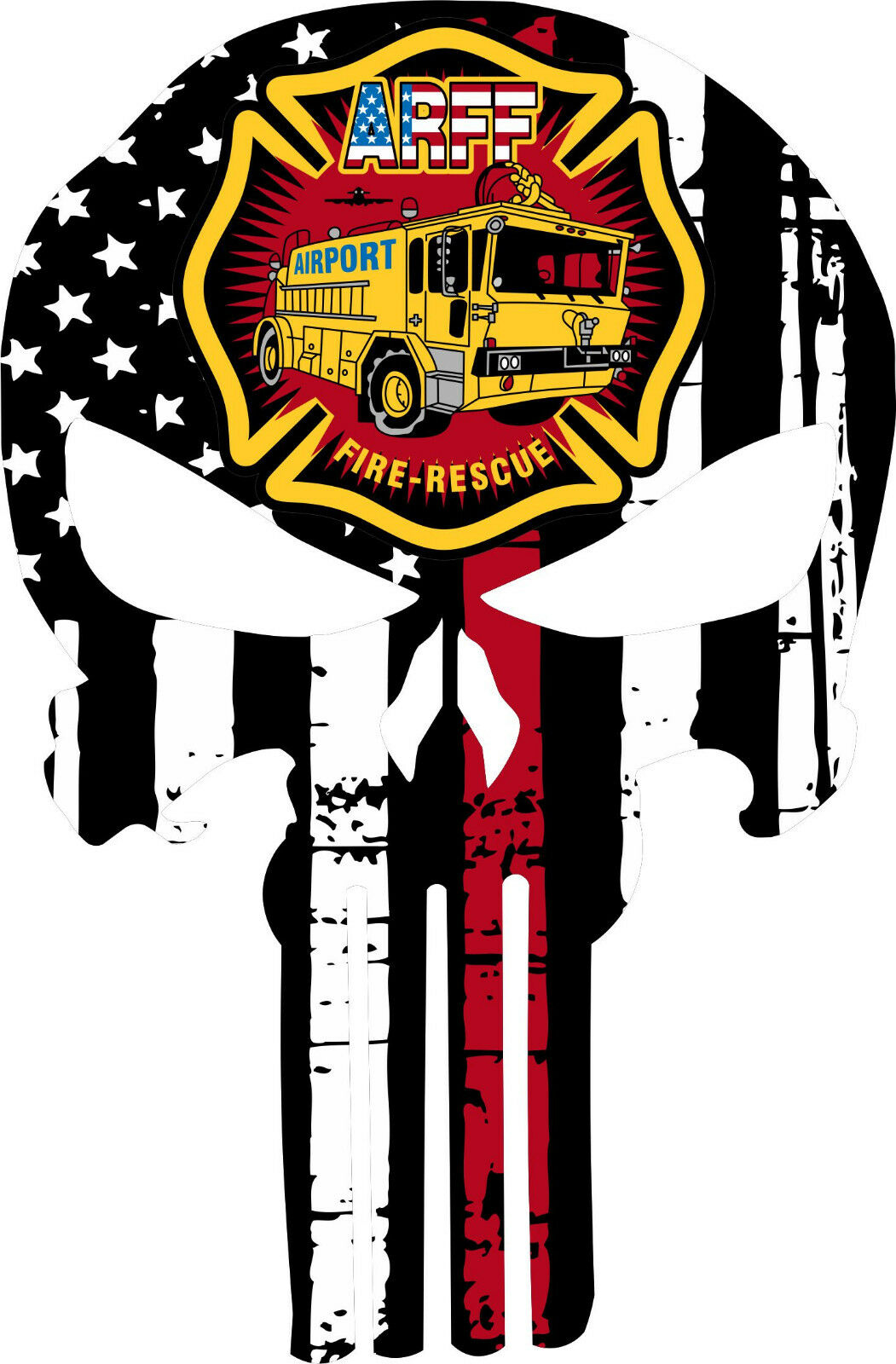 Thin Red Line Punisher Decal - Firefighter ARFF Airport Decal - Various Sizes - Powercall Sirens LLC