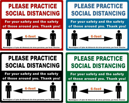 SOCIAL DISTANCING STICKERS 4 PACK of English & Spanish 4x5 Sign Business Decal - Powercall Sirens LLC