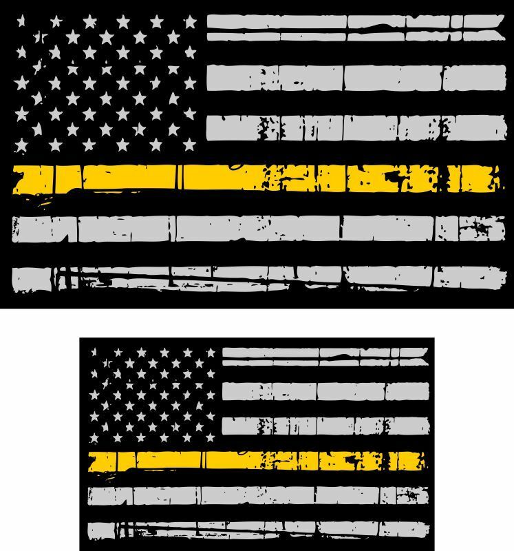 Tattered Police & Fire Thin YELLOW Line reflective American Flag Decal x 2 - Powercall Sirens LLC