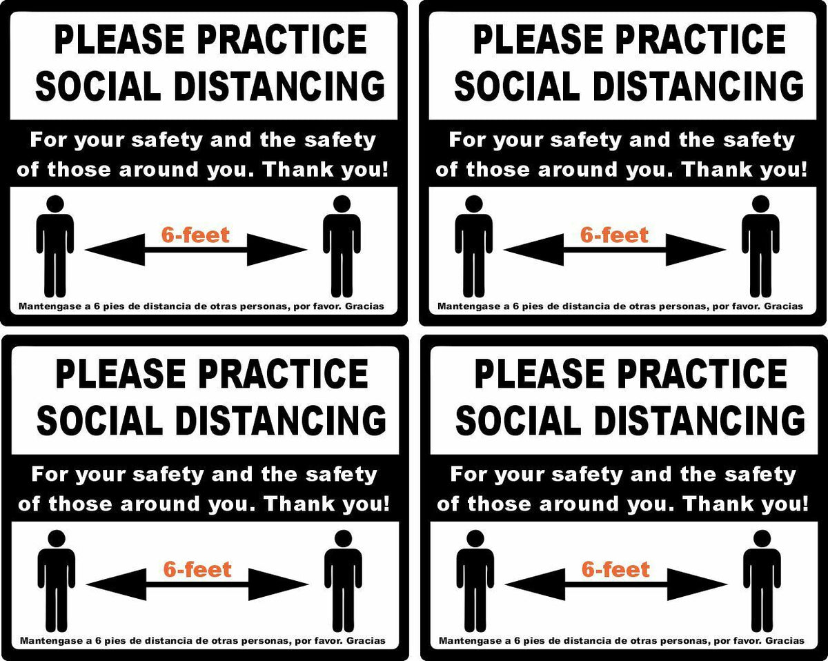 SOCIAL DISTANCING STICKERS 4 PACK of English & Spanish 4x5 Sign Business Decal - Powercall Sirens LLC
