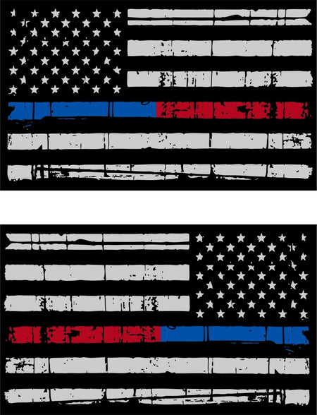 Tattered Police Fire Thin Blue/Red Line reflective American Flag 5"x3" Decal x 2 - Powercall Sirens LLC
