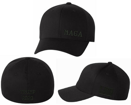 Make America Great Again Flex Fit Black Hat - Lower Side MAGA with Flag and Back - Powercall Sirens LLC