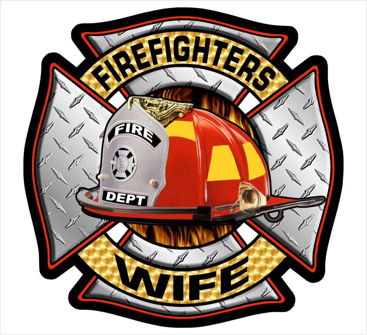 Firefighter Decal - Firefighters Wife Maltese Diamond Plate Sticker 4" - Powercall Sirens LLC