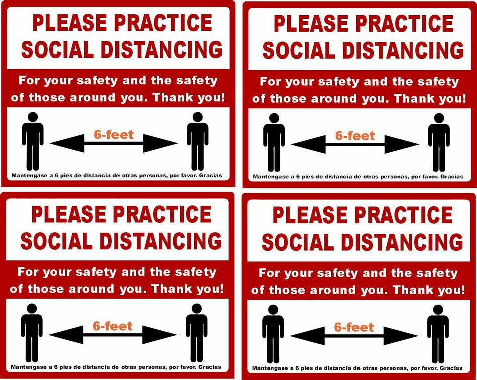 SOCIAL DISTANCING STICKERS 4 PACK of English & Spanish 4x5 Sign Business Decal - Powercall Sirens LLC