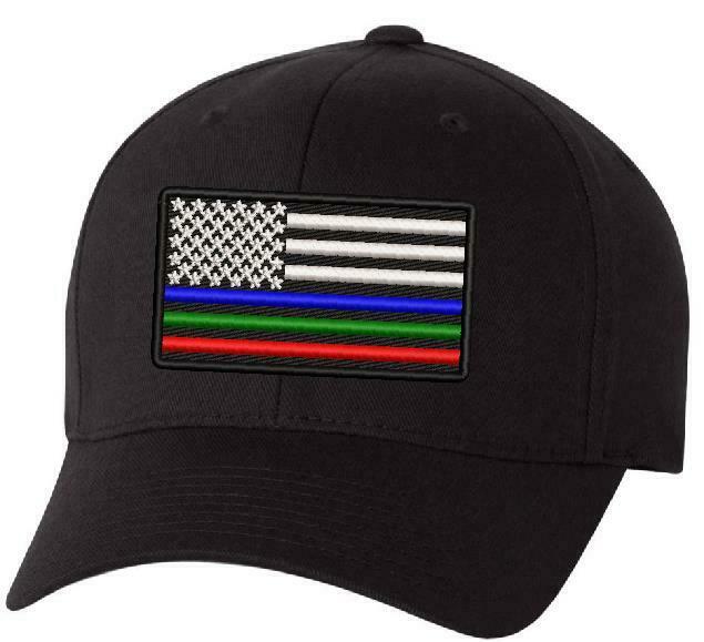 USA Flag Embroidered Flex Fit Hat Police Fire