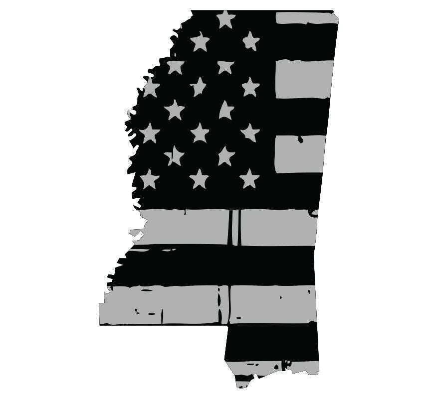 Tattered USA Flag Black/Gray window decal - State of Mississippi various sizes - Powercall Sirens LLC