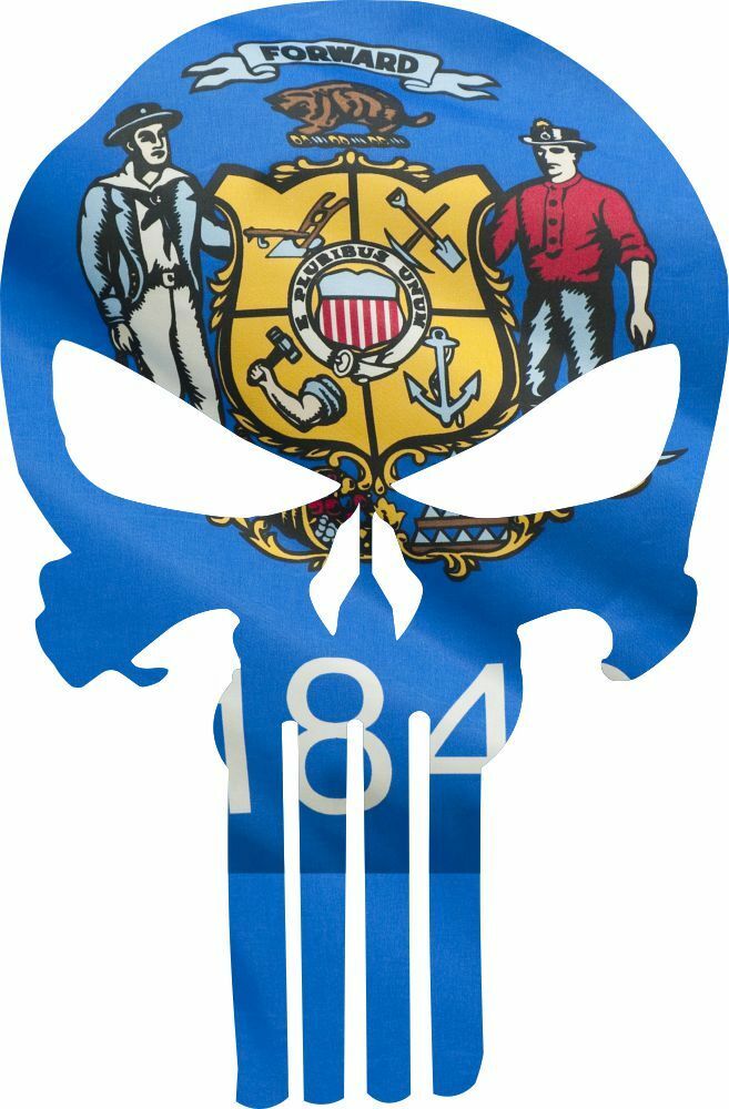 Punisher Decal State of Wisconsin Flag Vinyl Decal - Various Sizes and Materials - Powercall Sirens LLC