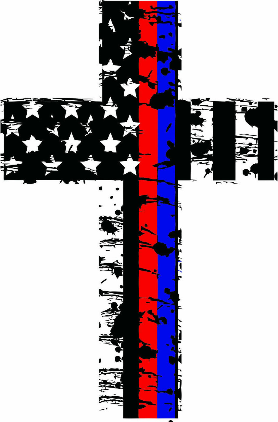 Thin Red Blue Line Distressed Americian Flag Police Firefighter Cross Decal - Powercall Sirens LLC