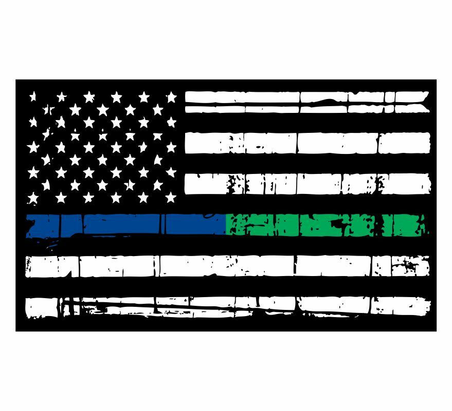 Thin blue line decal flag with BLUE/GREEN stripe, police decal free shipping - Powercall Sirens LLC