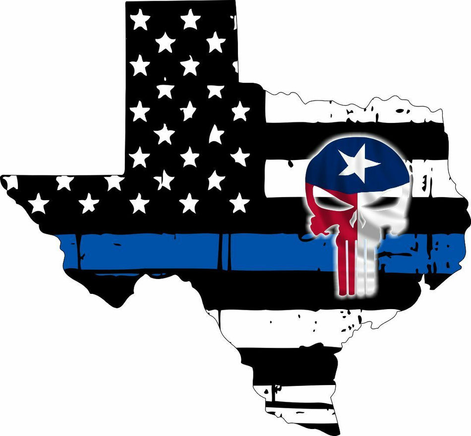 Thin Blue line decal - State of Texas w/ PUNISHER Decal - Various sizes - Powercall Sirens LLC