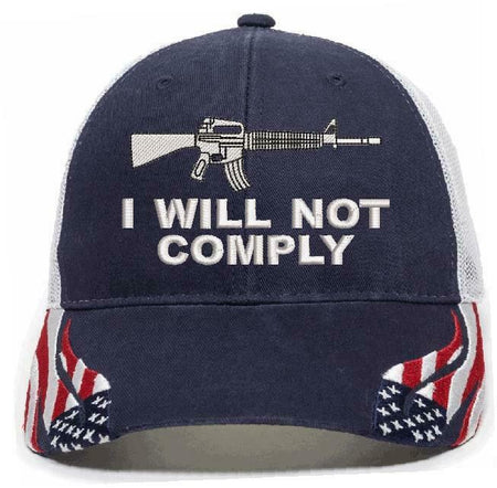 I WILL NOT COMPLY HAT with AK47 AR15 Gun Embroidered Adjustable Hat-Various Hats - Powercall Sirens LLC