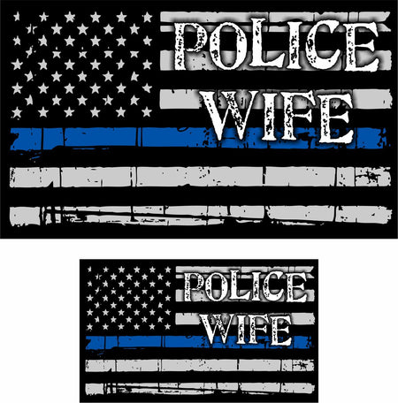 Tattered Police Officer WIFE Thin Blue Line reflective American Flag Decal x 2 - Powercall Sirens LLC