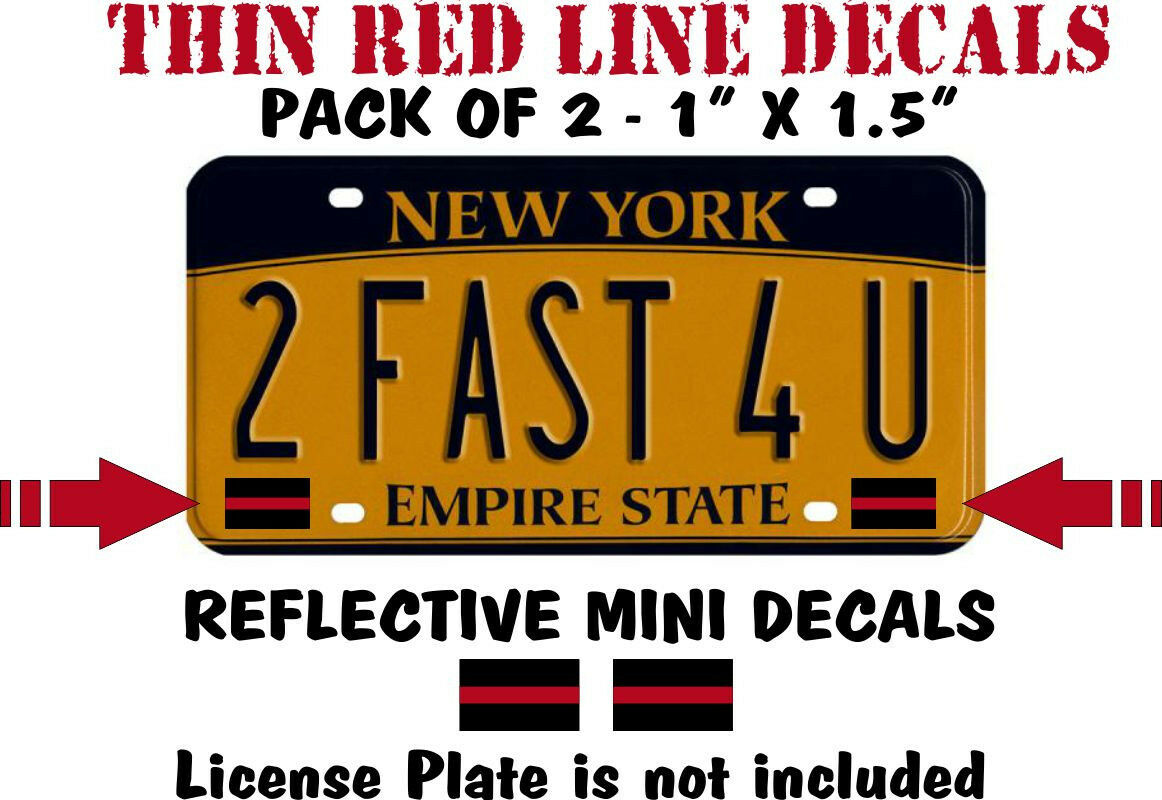 2 PACK THIN RED LINE LICENSE PLATE REFLECTIVE DECALS - 1" x 1.6" Mini Decals - Powercall Sirens LLC