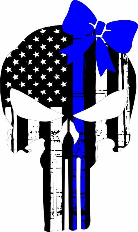 Thin blue line punisher decal with blue bow - Exterior Window Decal Police LEO - Powercall Sirens LLC