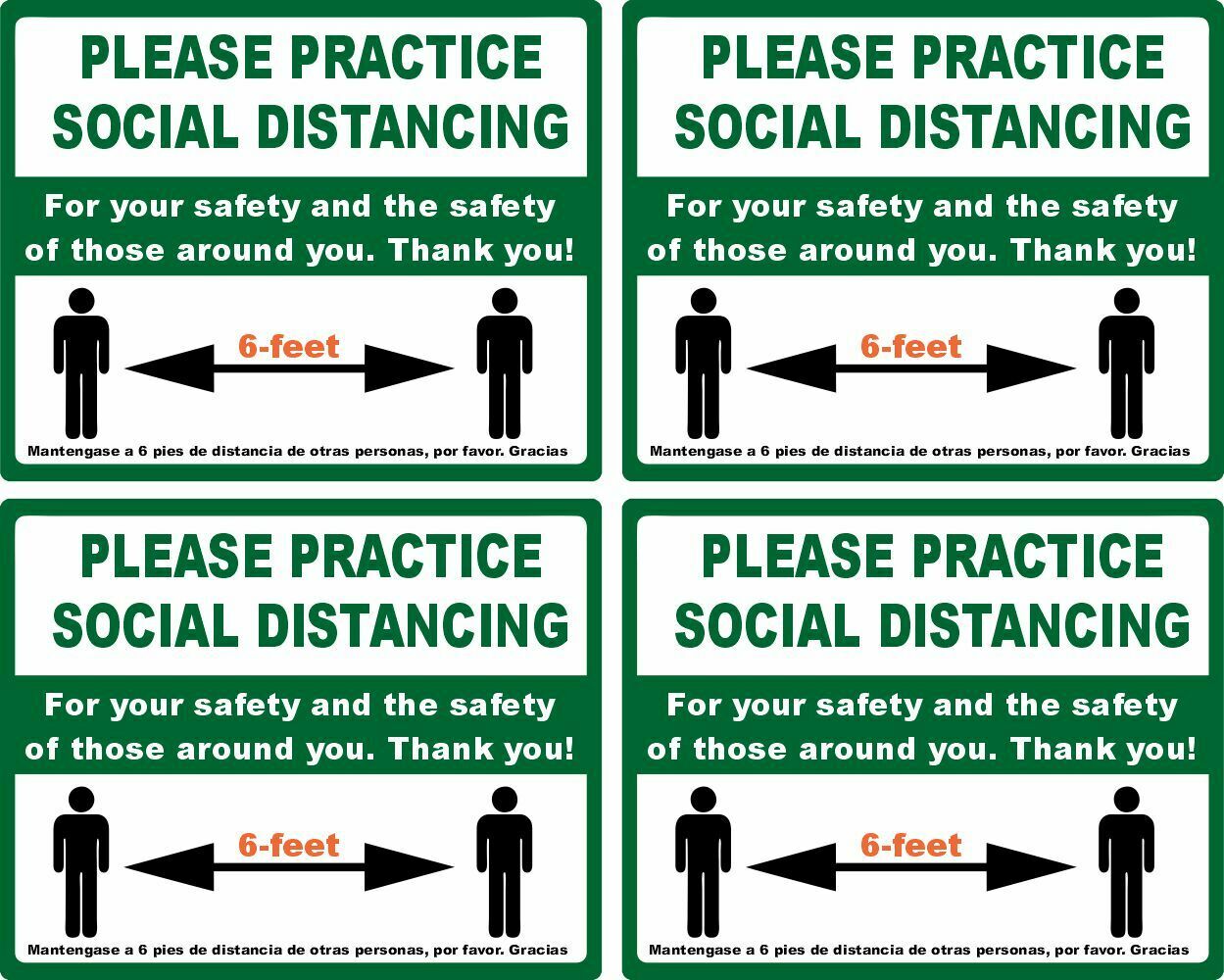 SOCIAL DISTANCING STICKERS 4 PACK of English & Spanish 4x5 Sign Business Decal - Powercall Sirens LLC