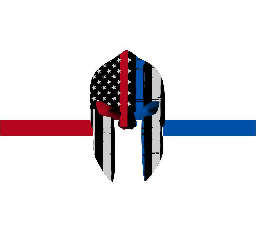 Thin BLUE and RED Line Products Spartan Head Tattered Flag Decal Numerous Sizes - Powercall Sirens LLC