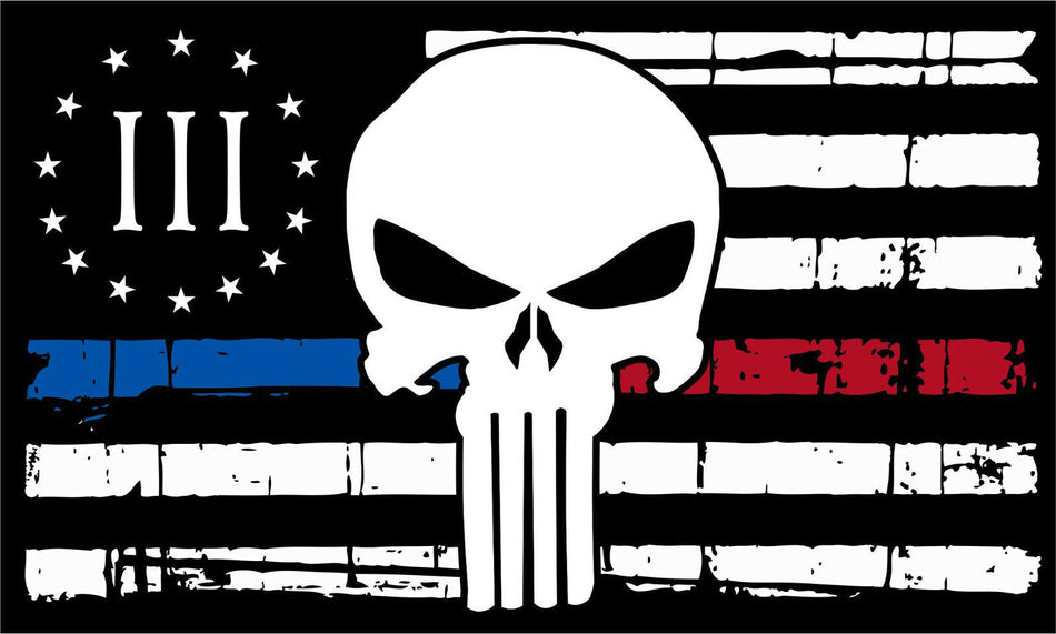 Thin Blue Line Red Line Punisher American Flag Firefighter Police Exterior Decal - Powercall Sirens LLC