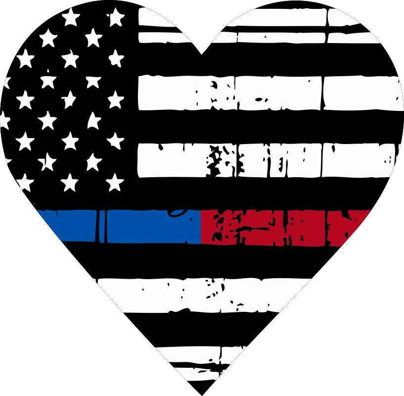 Tattered Police Fire Wife - Tattered Red/Blue Heart Window Decal - Various Sizes - Powercall Sirens LLC