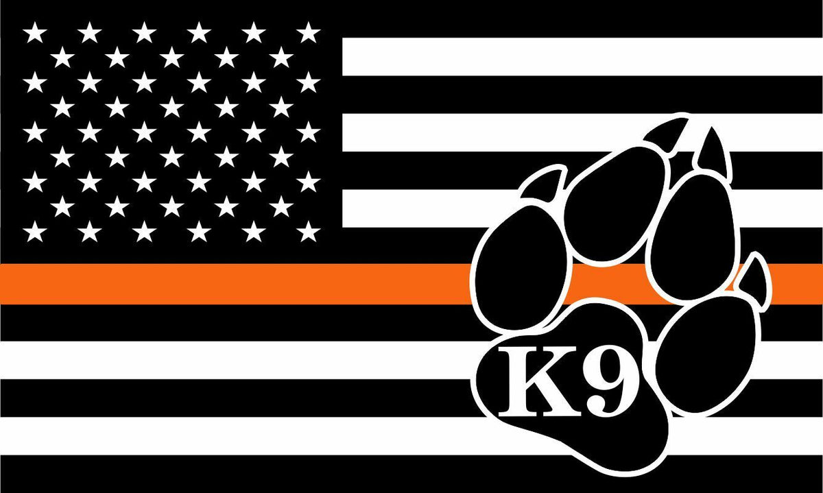 K9 Decal - USA Flag Orange Line with K9 Paw Exterior Window Decal - Var. Sizes - Powercall Sirens LLC