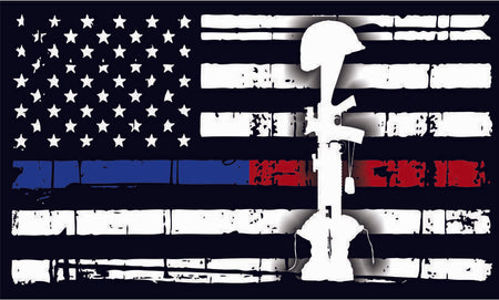 Thin Blue Line Red Line Battlefield Cross Tattered Flag Exterior Window Decal - Powercall Sirens LLC