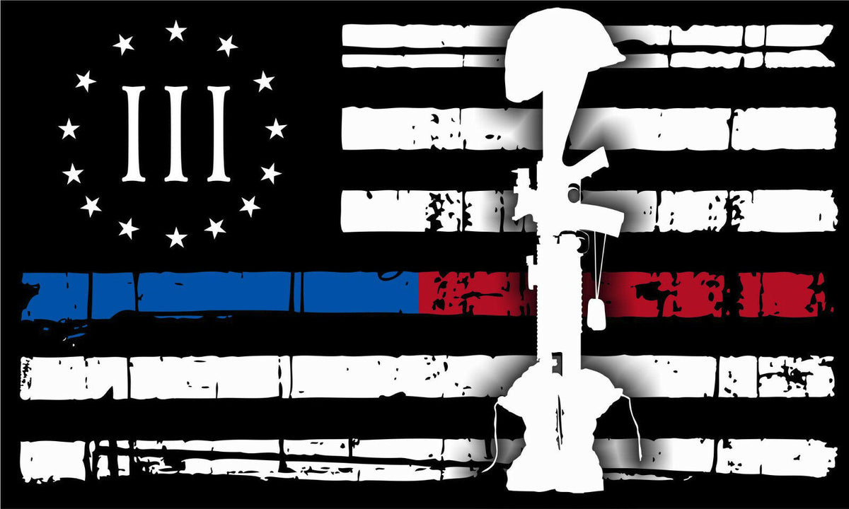 Thin Blue Line Red Line Battlefield Cross American Flag Firefighter Police Decal - Powercall Sirens LLC
