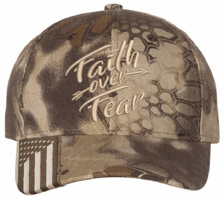 Faith Over Fear Embroidered Kryptek Style Adjustable Hat with USA Flag Brim - Powercall Sirens LLC