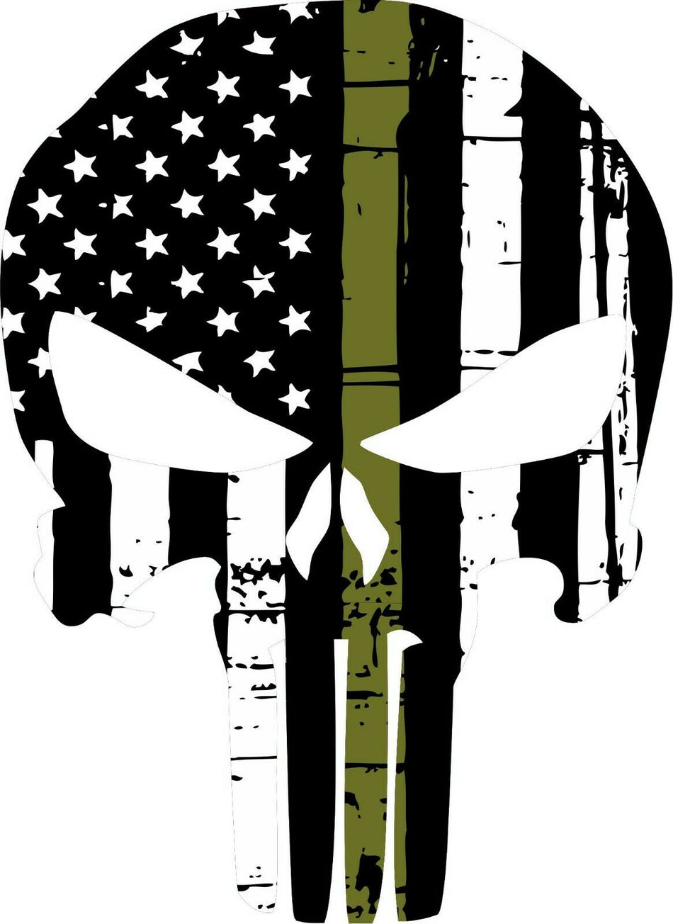 Punisher Skull American Flag Olive Drab Military Sticker Graphic - Many Sizes - Powercall Sirens LLC