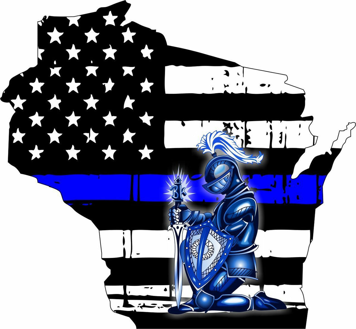 Thin Blue line decal - State of Wisconsin Kneeling Knight - Various Sizes - Powercall Sirens LLC