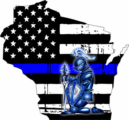 Thin Blue line decal - State of Wisconsin Kneeling Knight - Various Sizes - Powercall Sirens LLC