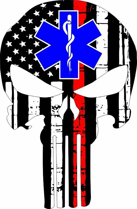 Thin Red Line Punisher Decal with EMS Star Exterior Window decal - Various Sizes - Powercall Sirens LLC