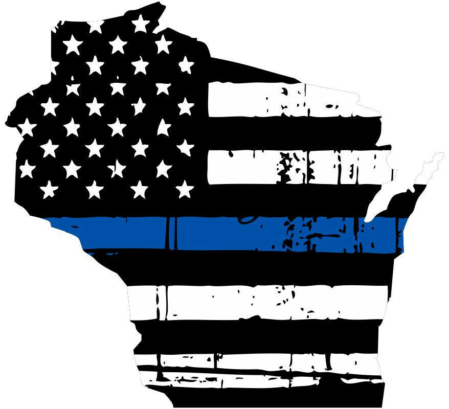 Thin Blue line decal - State of Wisconsin Tattered Flag Decal - Various Sizes - Powercall Sirens LLC