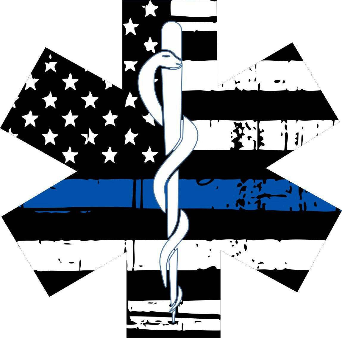 Thin Blue Line Decal-Tattered Flag EMS Star Rescue Window Decal - Various Sizes - Powercall Sirens LLC