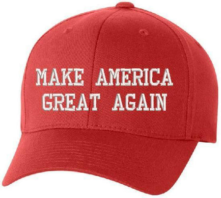 Donald Trump Make America Great Red Hat w/ USA Flag on the side White Embroidery - Powercall Sirens LLC