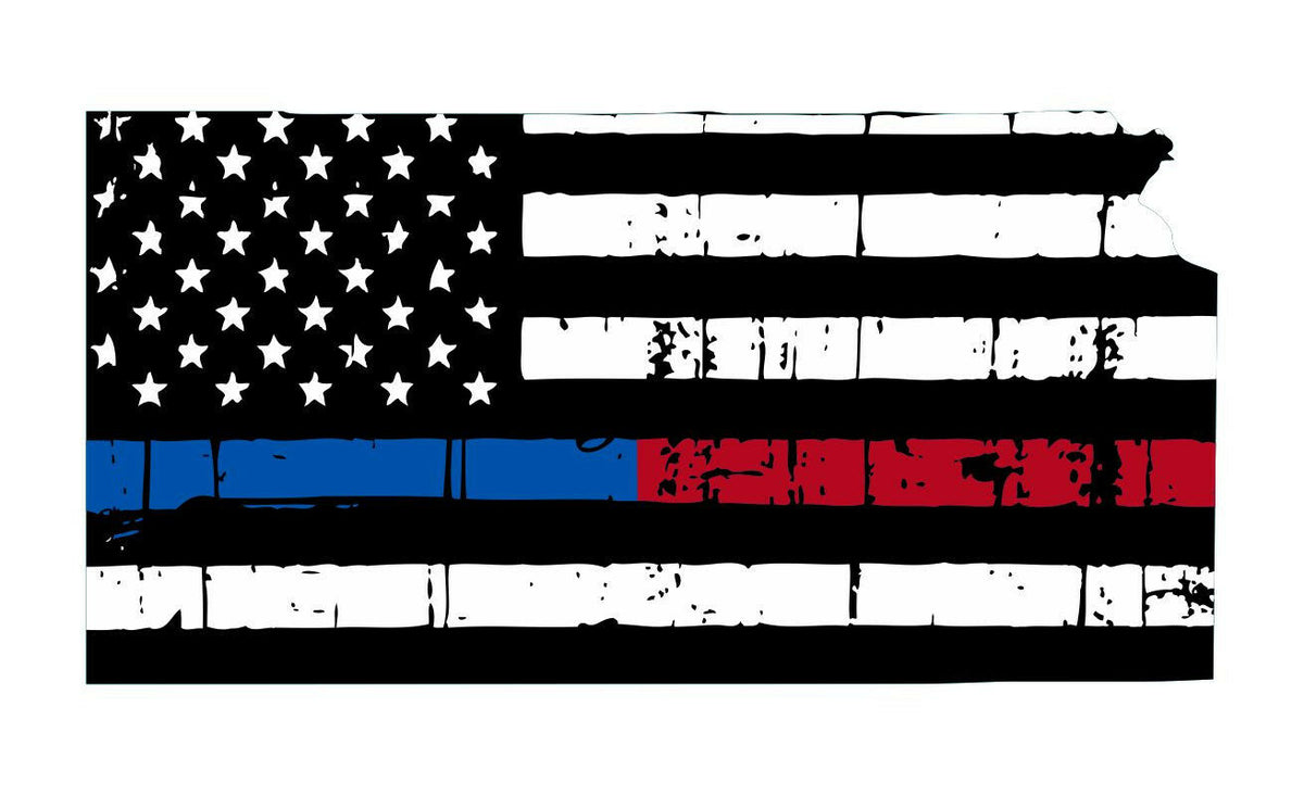 Thin Blue Red line decal - State of Kansas Tattered Flag Decal - Various Sizes - Powercall Sirens LLC