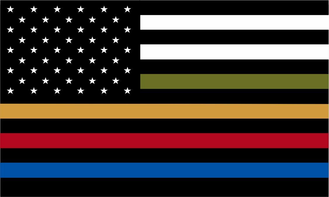 Thin Blue Line Decal - USA Flag with Red, Blue, Gold, Olive Drab Stripe Flag - Powercall Sirens LLC