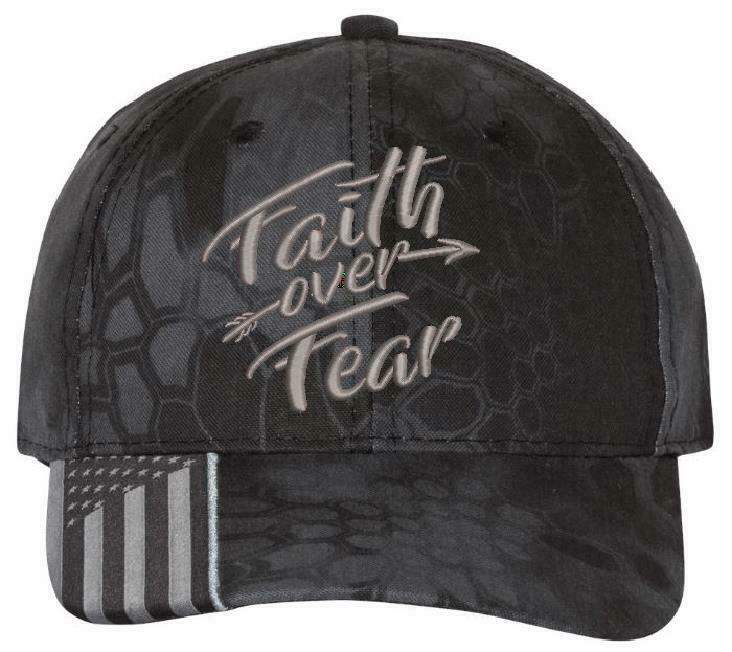 Faith Over Fear Embroidered Kryptek Style Adjustable Hat with USA Flag Brim - Powercall Sirens LLC