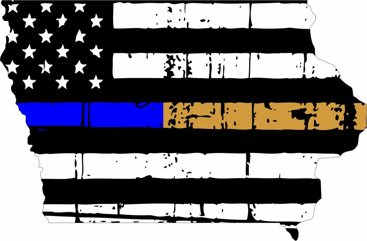 Thin Blue/Gold line decal - State of Iowa Tattered Flag Decal Police Dispatch - Powercall Sirens LLC