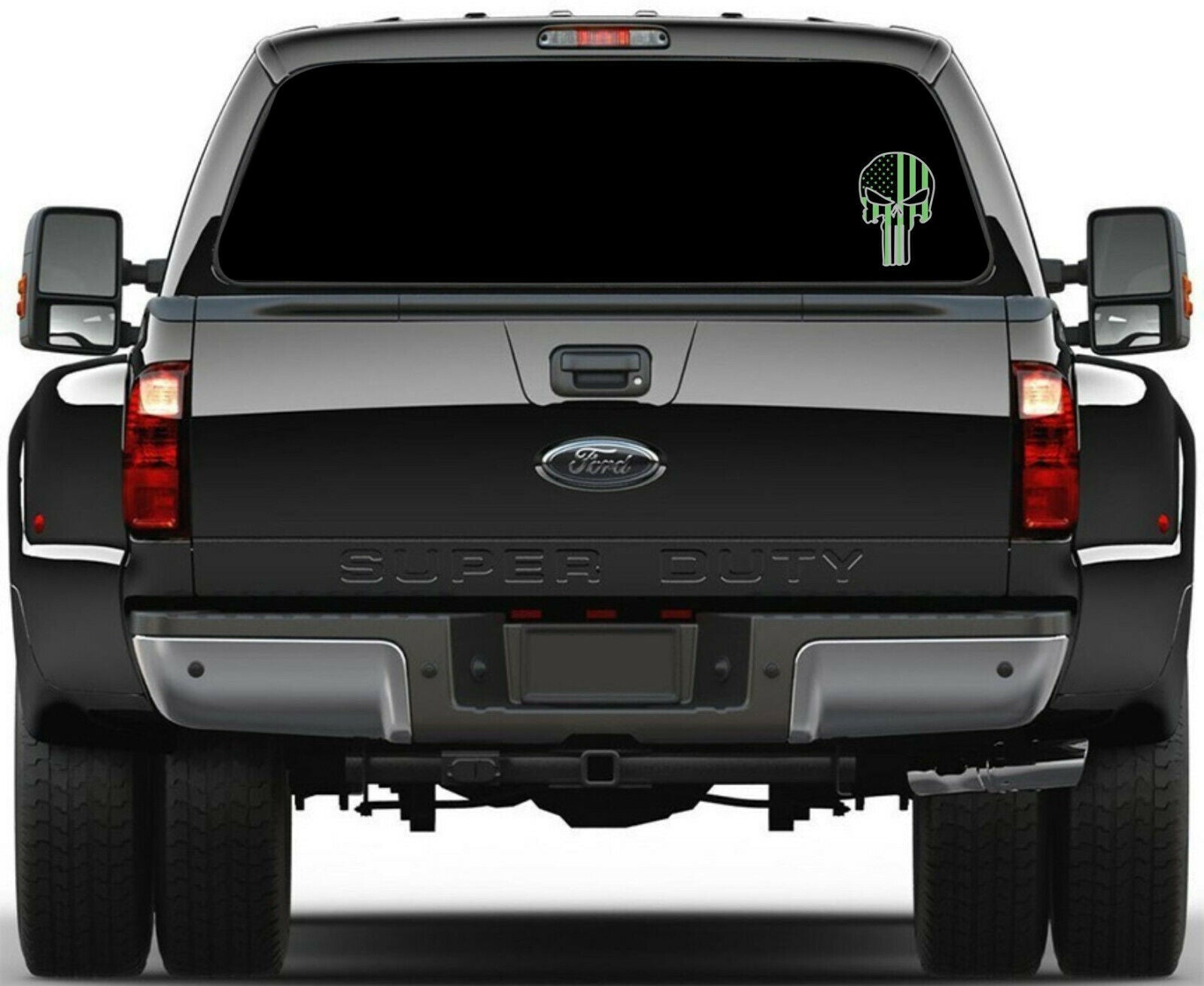 Punisher Skull American Flag Green/Black Window Decal with white outline - Powercall Sirens LLC