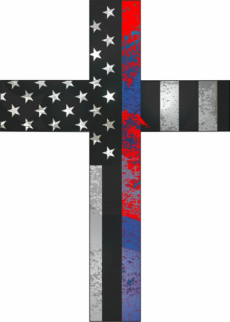 Thin blue line Red Line decal - Distressed Police Christian Cross Exterior decal - Powercall Sirens LLC